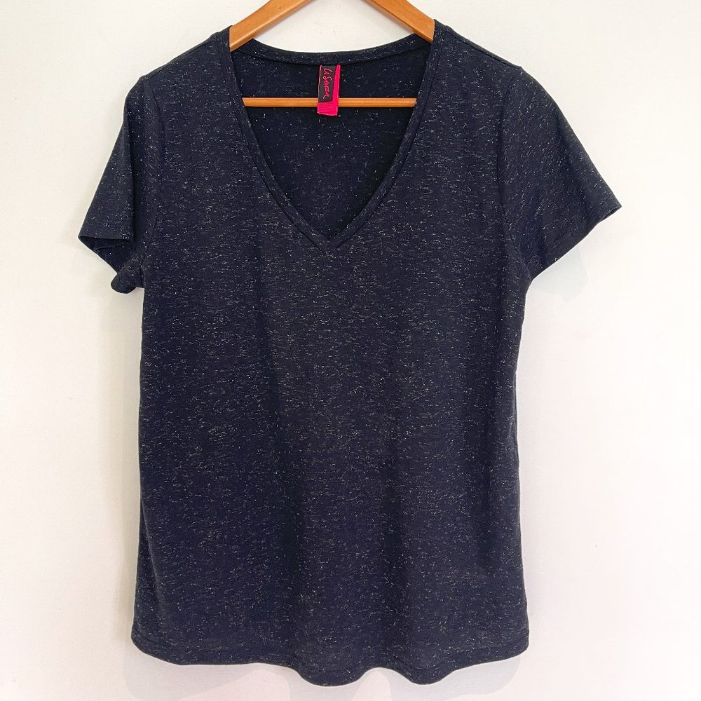 La SENZA Woman Black Christmas Sparkle Short Sleeve V Neck T Shirt Size L NWOT